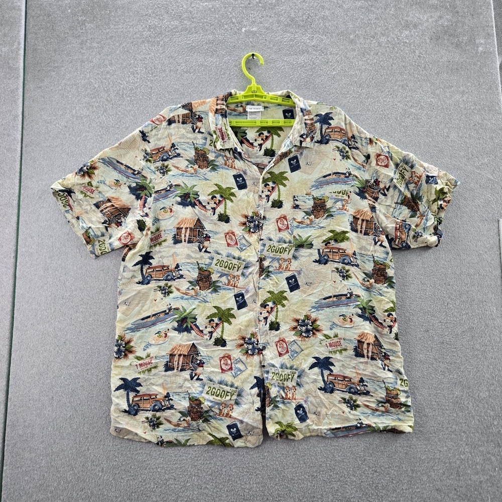Disneyland Resort Men Button Up Shirt XXL Multicolor‎ Floral Mickey Mouse Hawaii